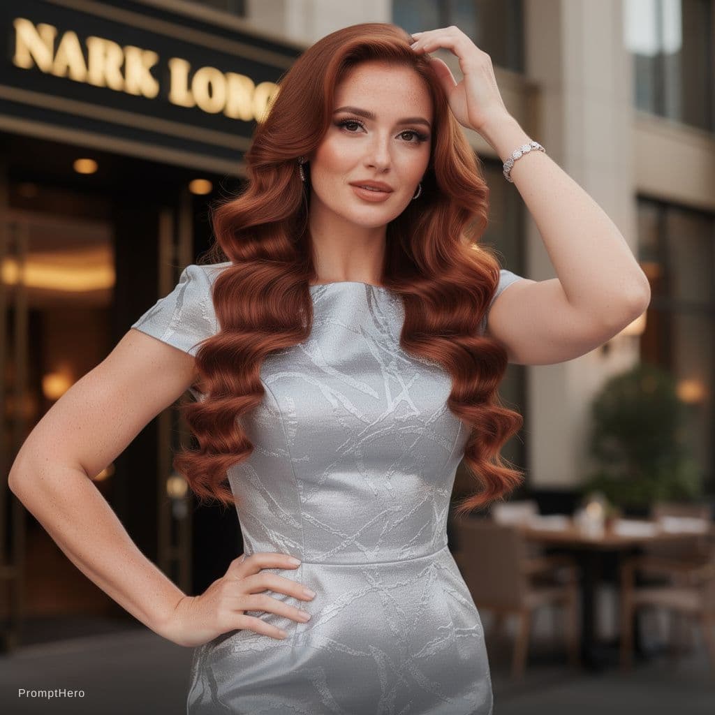 AI generated: breathtaking woman, spiral curls, long auburn hair, (freckles:0.6), wearing a form fitting evening d...