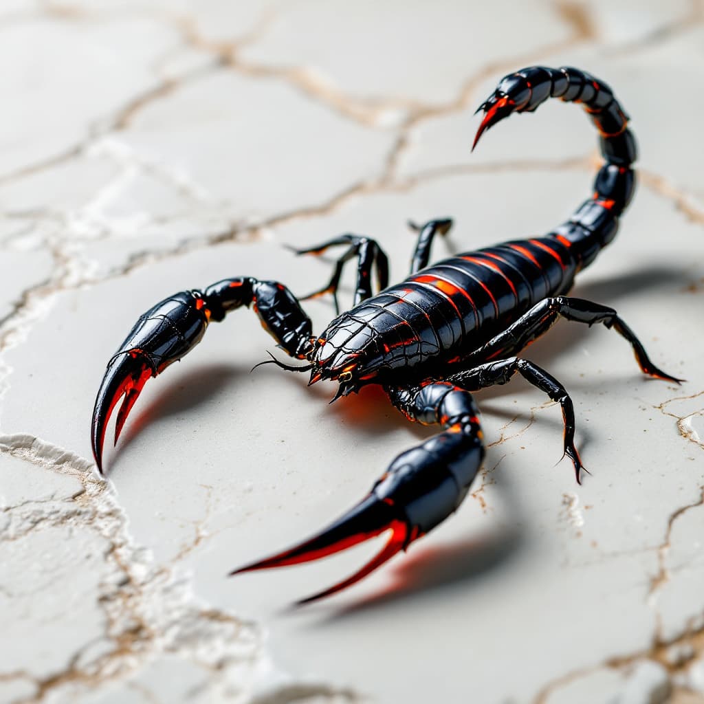 AI generated: A black scorpion with highlights of red on a highly polished white stone surface