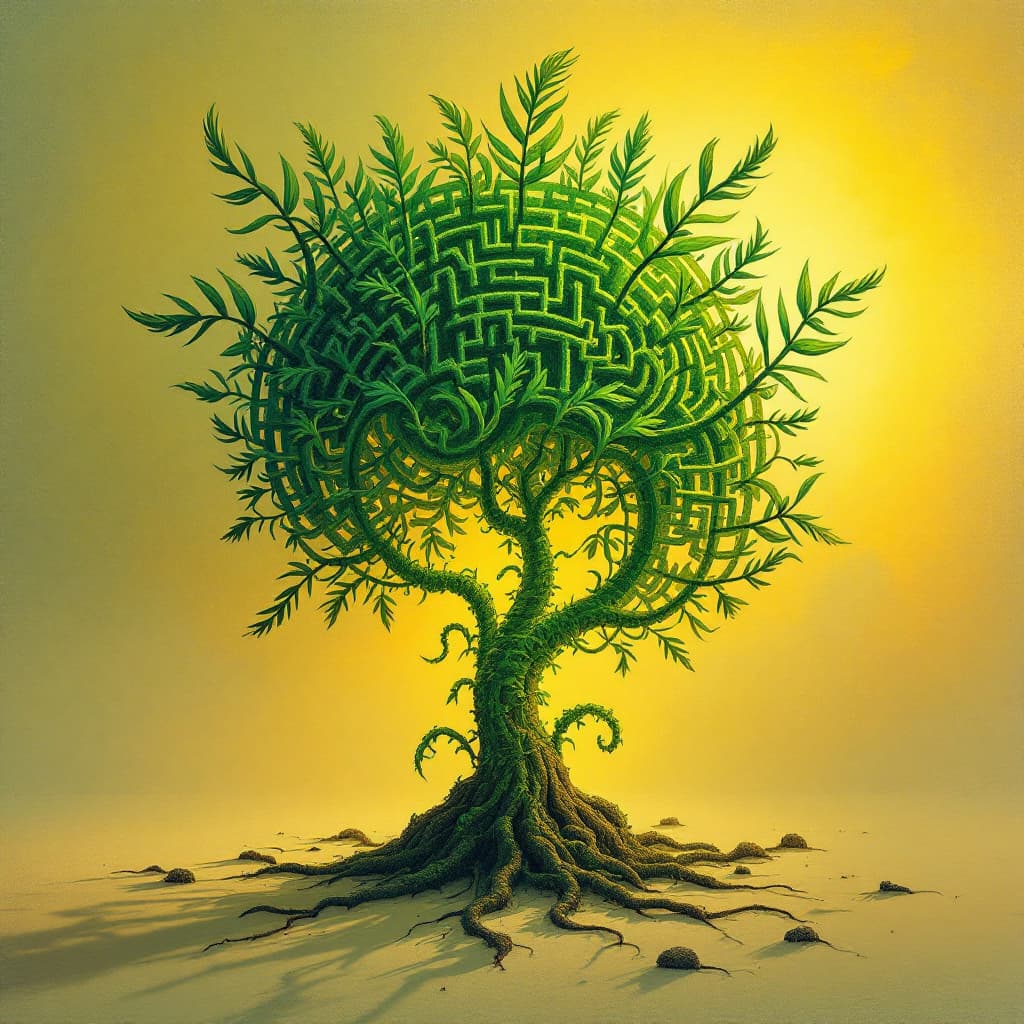 AI generated: An imaginary plant that grows in the shape of a labyrinth, with leaves that resemble feathers. The s...