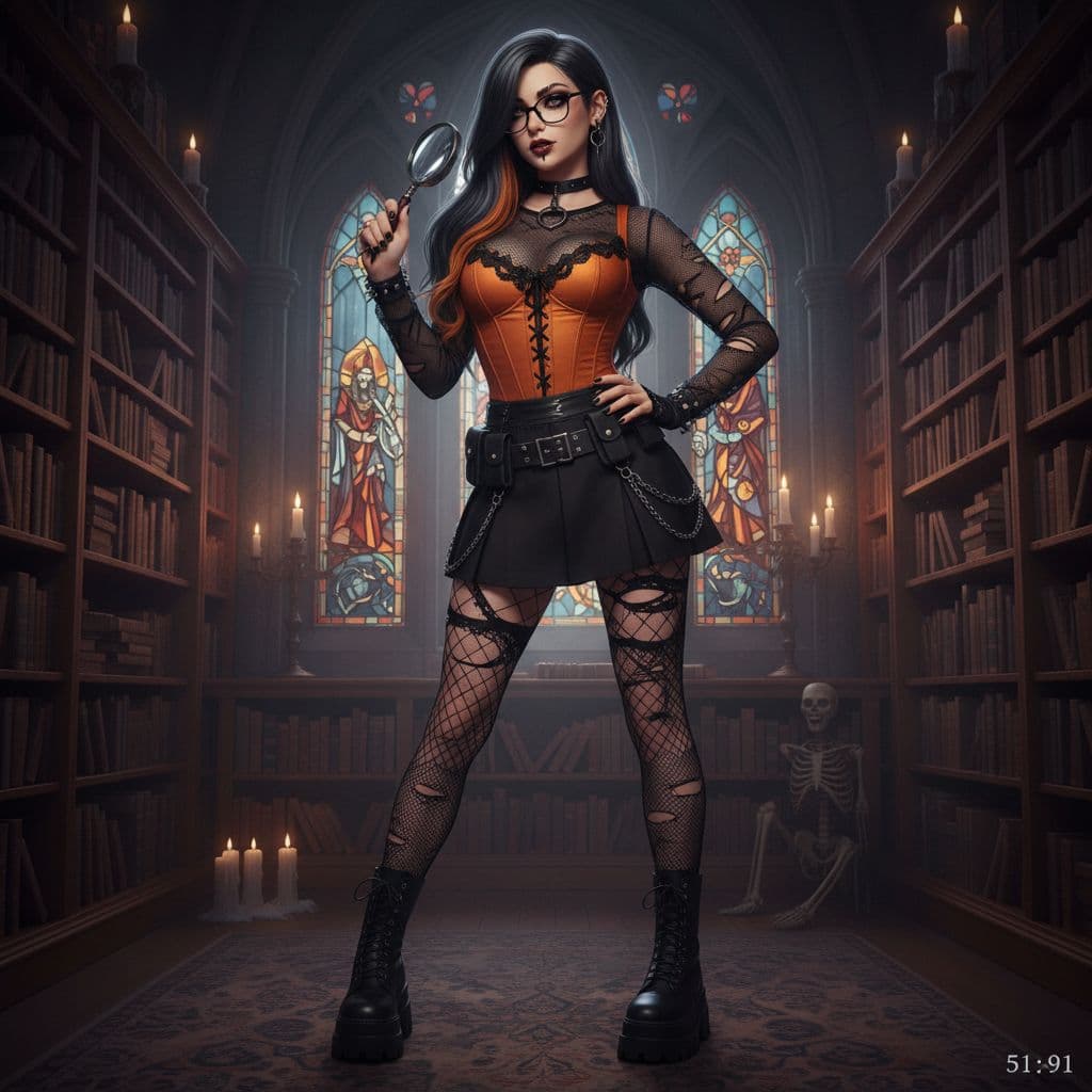 AI generated: velma from scooby-doo, beautiful charismatic girl, showing piercing, athletic body, a woman an orang...