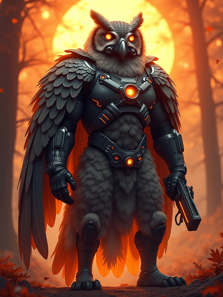 AI generated: (masterpiece, ultra-detailed, digital render, epic), a powerful owl-man warrior stands tall, wearing...
