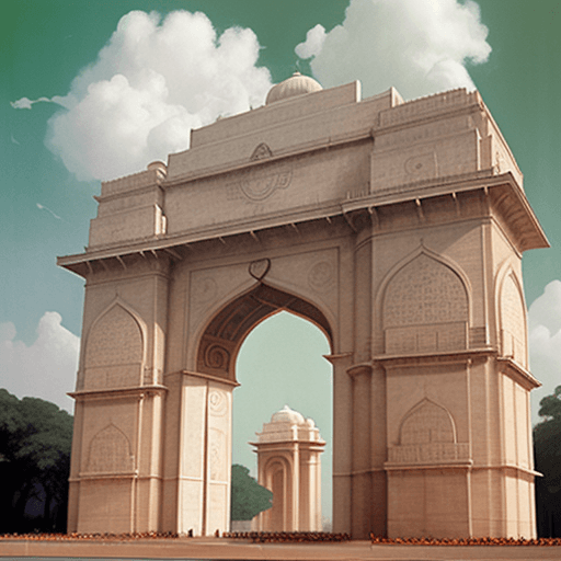 AI generated: saffron, white and green clouds above The India Gate. , daylight, indirect lighting, AD magazine, Fr...