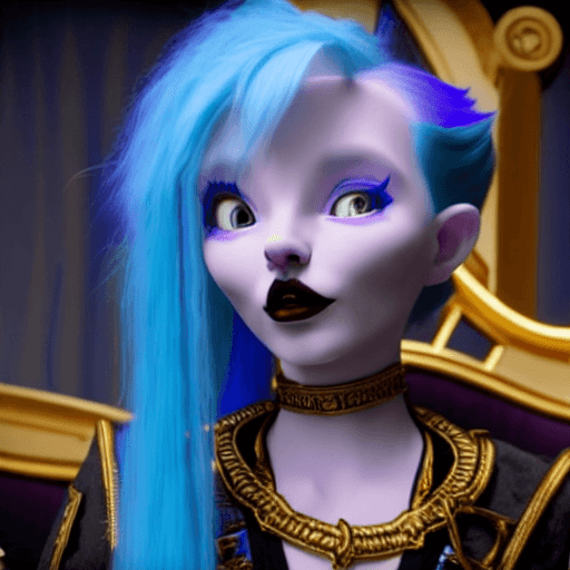 AI generated: still photo of a scene with Jinx from the Netflix show Arcane. With blue hair, Sitting on a throne, ...