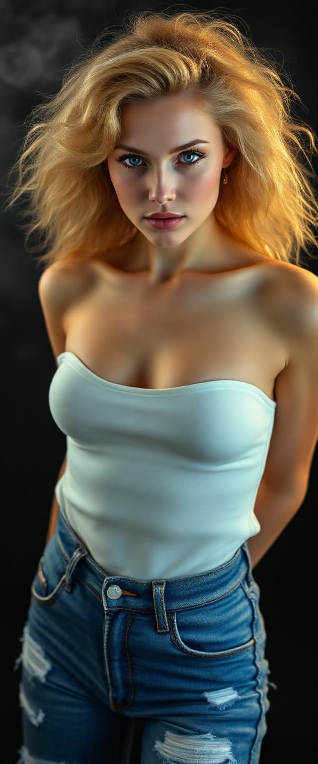 AI generated: "High-resolution, full-body portrait photo. A lithe supermodel, early 20s, pale skin, voluminous hon...