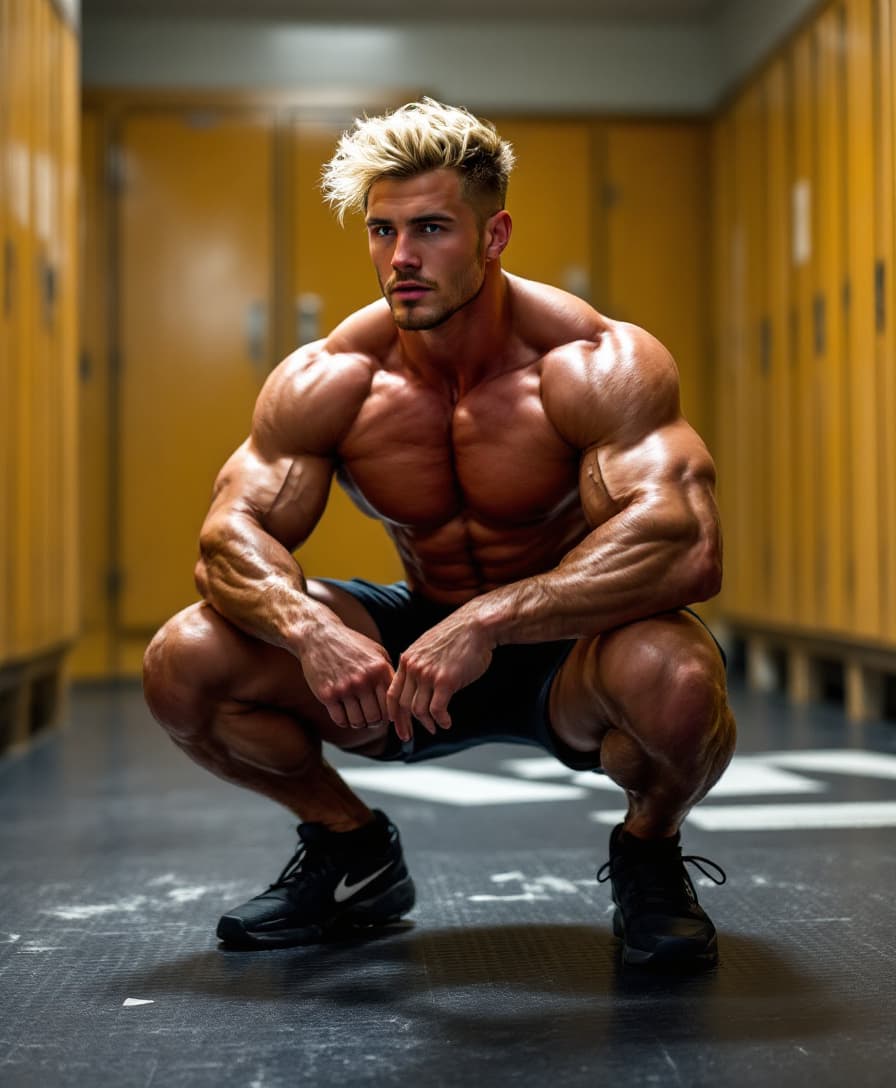 AI generated: high-resolution photo 
an extremely muscular, handsome young man with blonde hair, wearing very shor...
