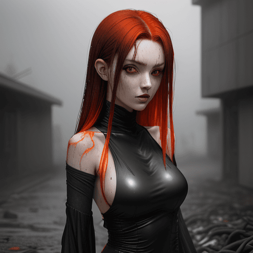 AI generated: photograph of dark red hair, black dress, silver hair, in the style of dark orange and dark emerald,...