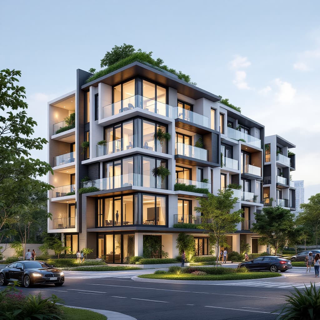 AI generated: A photorealistic image of a modern, high-quality residential building in Lagos, Nigeria. The buildin...