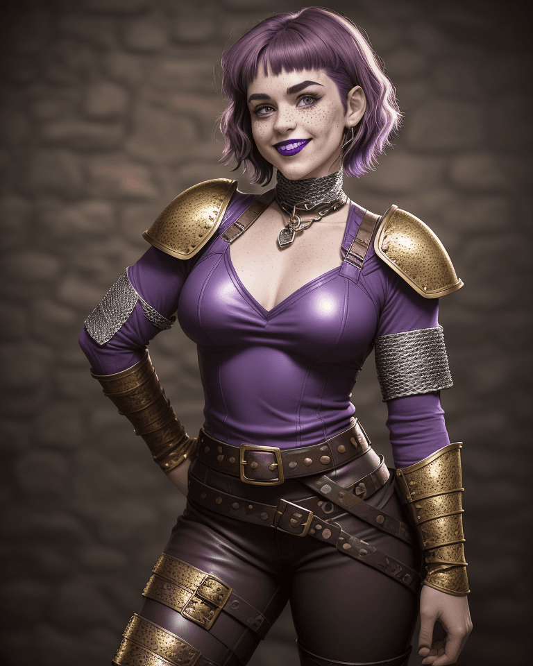 AI generated: It is D&D world, action pose, girl, she is looking up at the camera, grinning, dark lipstick, she ha...