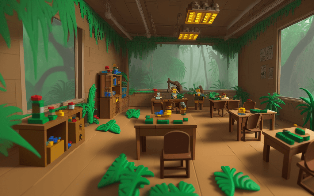 AI generated: old lego classroom in midel of jungle all parts will be created by lego