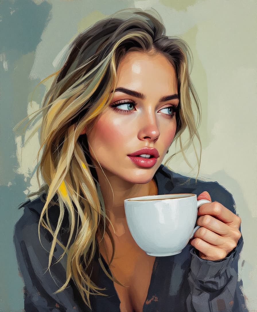 AI generated: portrait of a woman drinking coffee with emphasis on thick brushstrokes, impasto style, rich and tac...