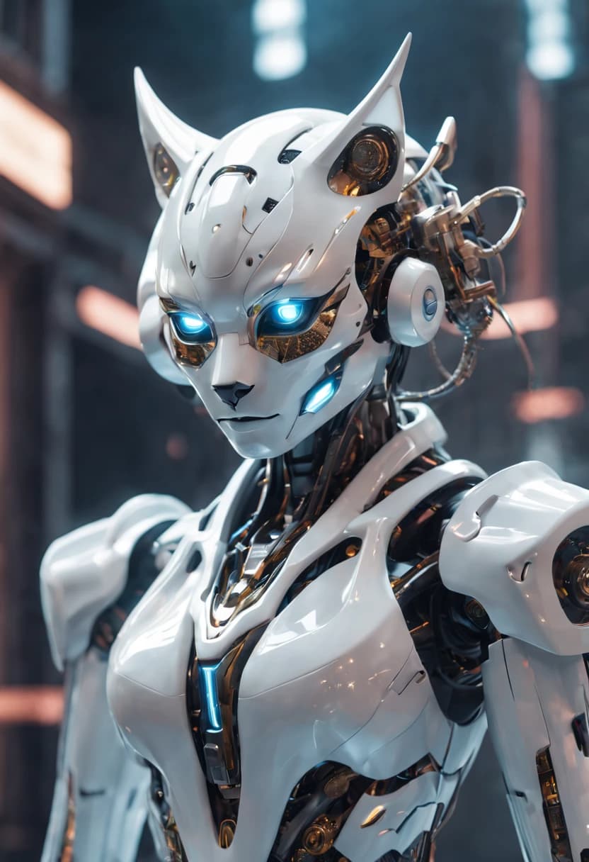 AI generated: an image of a white robot wearing a mask, immersed in cyberpunk aesthetics with a shiny/glossy finis...
