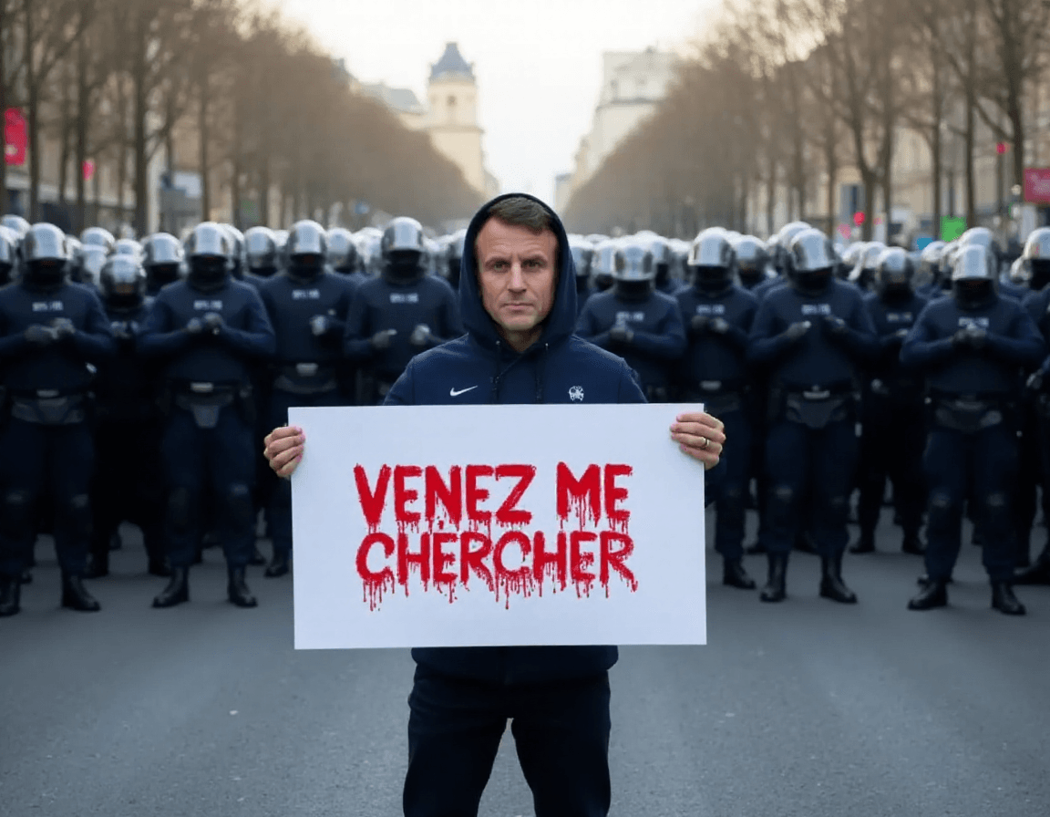 AI generated: <lora:Macron_Lora_Civitai_r1:1> Emmanuel Macron stands defiantly in the middle of a Parisian street....
