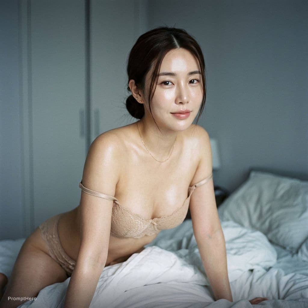 AI generated: { "subject": { "description": "An intimate boudoir-style portrait of an adult woman on a bed, leanin...