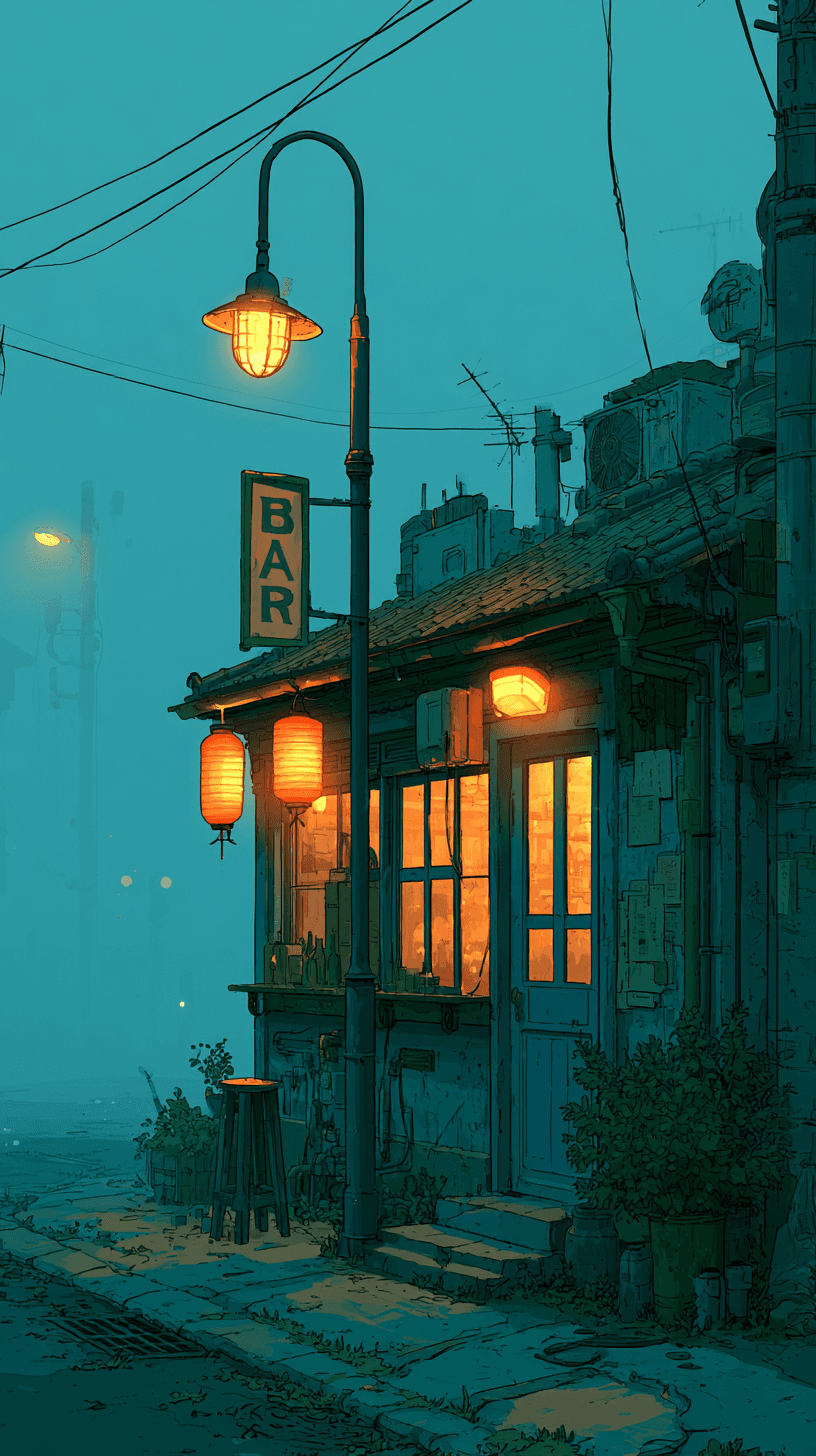 AI generated: vintage 1990s anime style, corner bar, rolling fog, muted blue tint, nostalgic atmosphere, soft glow...