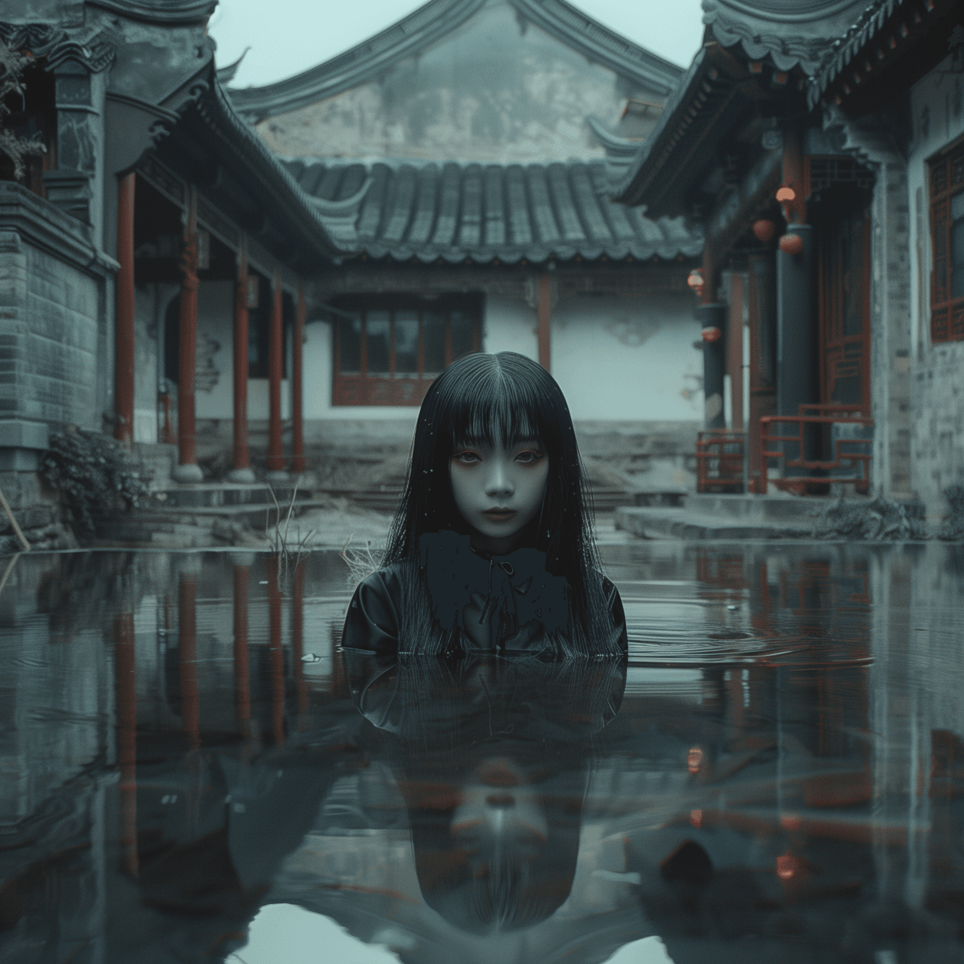 AI generated: A Chinese courtyard, Ancient style, A beautiful crying girl,Half face is robot;; front shot, waterRe...