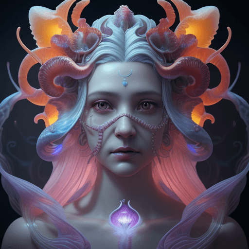 AI generated: Goddess close-up portrait ribcagel. jellyfish phoenix head, nautilus, orchid, skull, betta fish, bio...