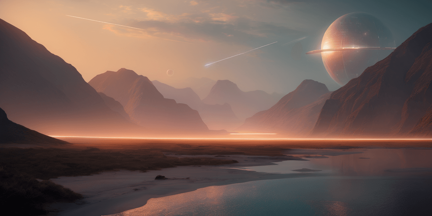 AI generated: beach, blue_sky, cloud, cloudy_sky, evening, gradient_sky, horizon, lake, landscape, moon, mountain,...