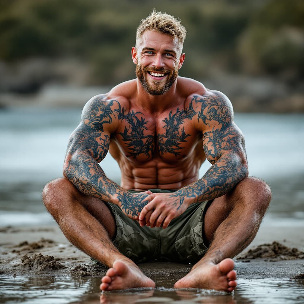AI generated: Head to toe image, Young irish bodybuilder, lots of tattoos, short blonde hair, blue eyes, camouflag...
