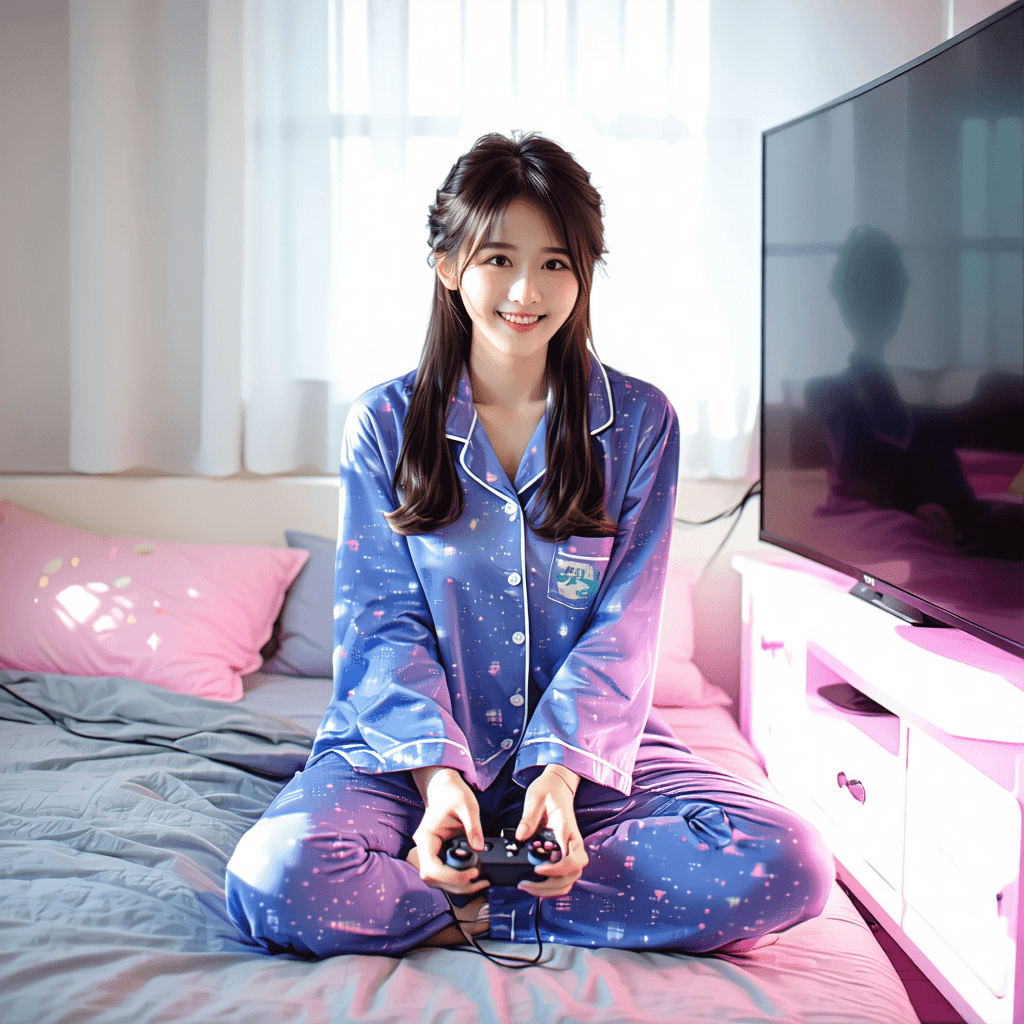 AI generated: 25 year old stunning half-korean woman, dressed in pokemon pajamas playing video game in her bedroom...