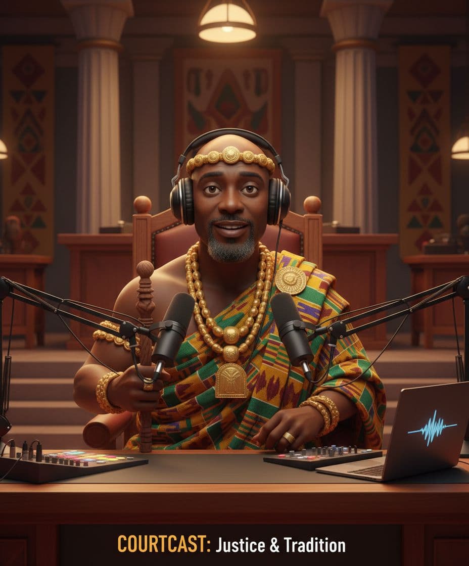 AI generated: recreate as a pixar style 3d image of an African judge in traditional ghanaian king style outfit  in...