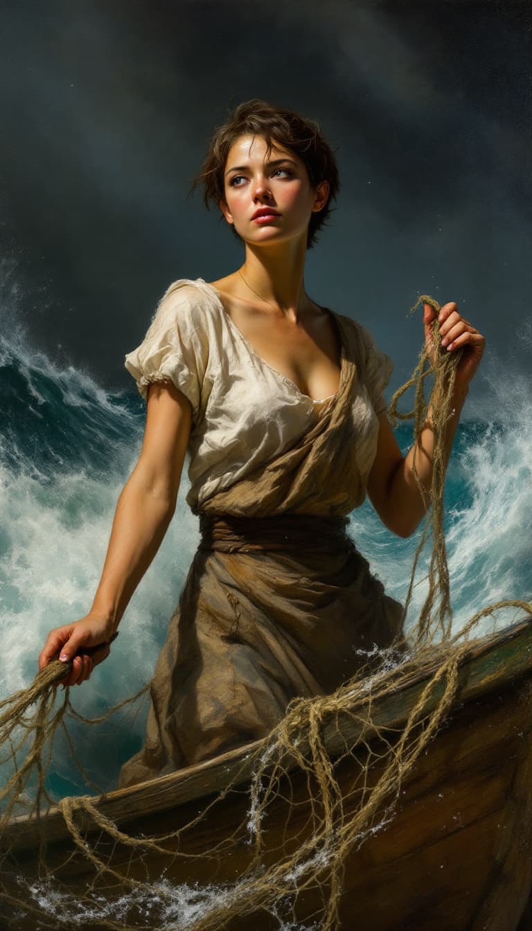 AI generated: A masterpiece oil painting. Against a dramatic, storm-swept sea, a resilient young fisherwoman with ...