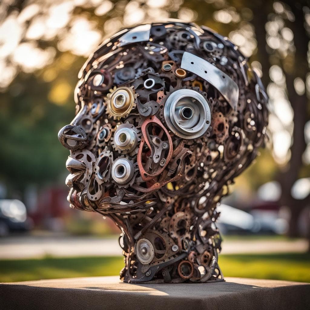 AI generated: an outdoor sculpture using discarded car parts, highlighting it's beauty, highly detailed, 8k