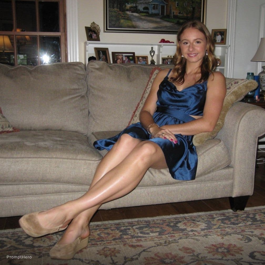 AI generated: Use this girl and make her sitting down with her bare feet and soles showing in front of her