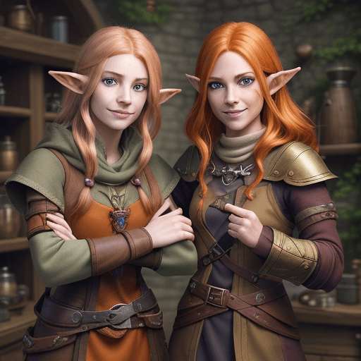 AI generated: Create a DnD-inspired digital portrait of two female characters: an adult half-elf artificer with bl...