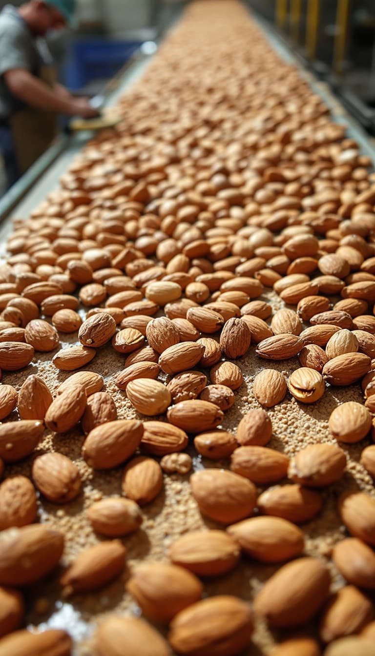 AI generated: Whole almonds, as large as canoes, roll onto a giant conveyor belt. Tiny workers, wearing dust-proof...