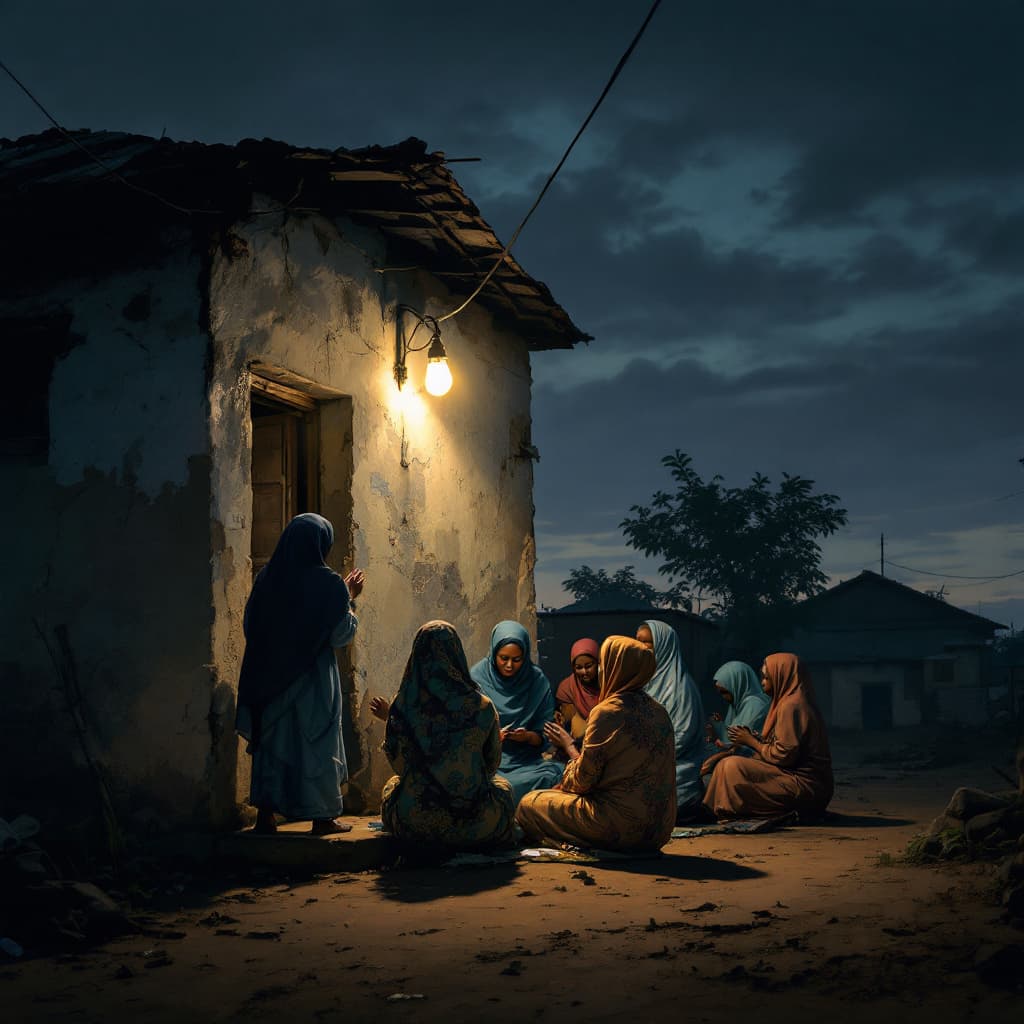 AI generated: Depict a group of women praying outside a mosque in a somewhat dark area. The scene is set in a ghet...