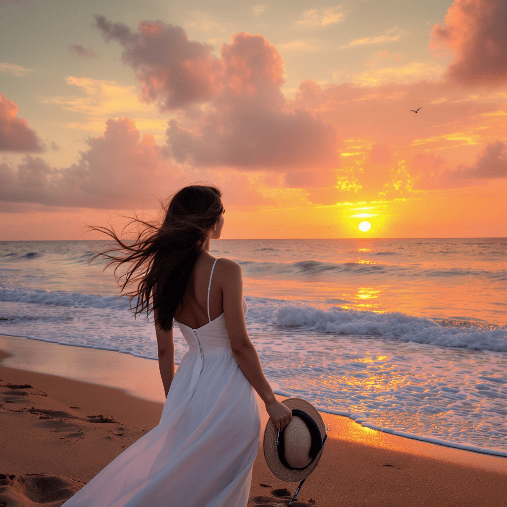 AI generated: "Dessinez une femme élégante portant une casquette marine, se tenant sur le bord d'une plage. En arr...