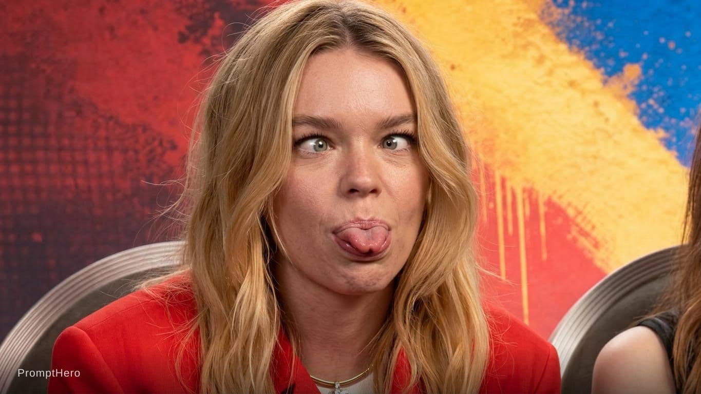 AI generated: Cross eyed woman sticks her tongue out in a goofy manner