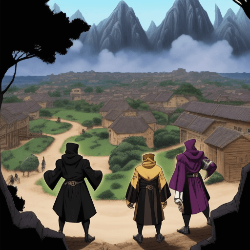 AI generated: jojo's brizzare adventure colored Manga pannel of 3 teenage black boys with robes modest and powers ...
