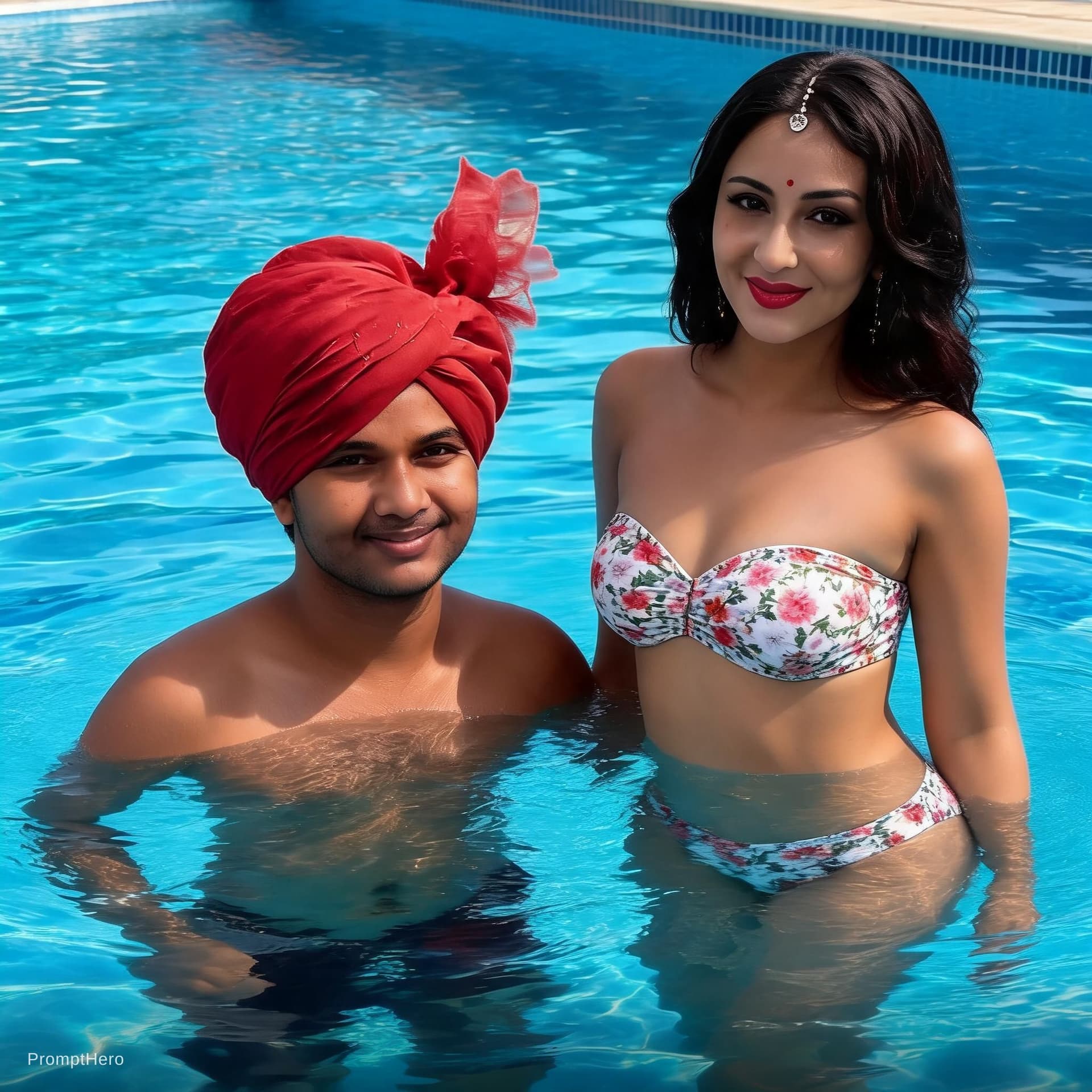 AI generated: The Women wearing a strapless floral print hot bikini bust size 22b and standing in swimming pool wi...