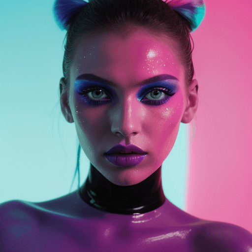 AI generated: a close up of a woman's face with bright makeup, inspired by David LaChapelle, misty neon lights, me...