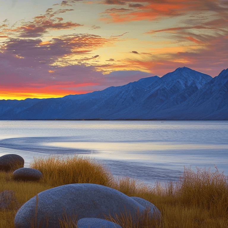 AI generated: oil on canvas, small clouds, smooth beach, willow tree, small rocks, beautiful setting, early evenin...