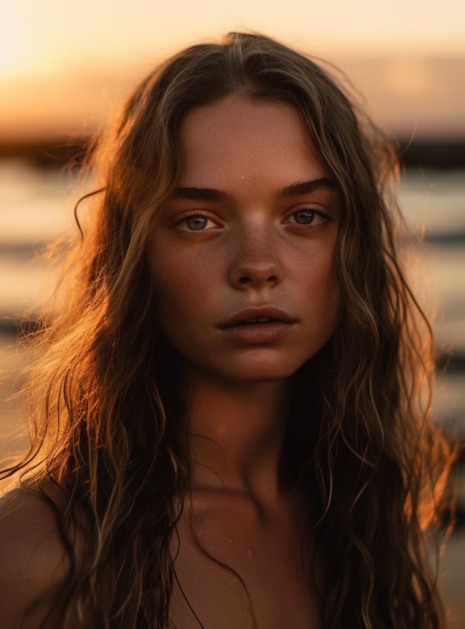 AI generated: professional full length shot of a kristine froseth wearing only a two-piece swimsuit (beach), (dune...
