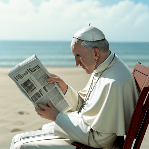 AI generated: full shot of pope francis reading newspaper, on the beach, natural afternoon light, shot on Agfa Vis...