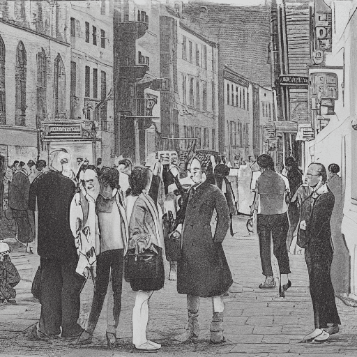 AI generated: Two people talking on a crowded street.