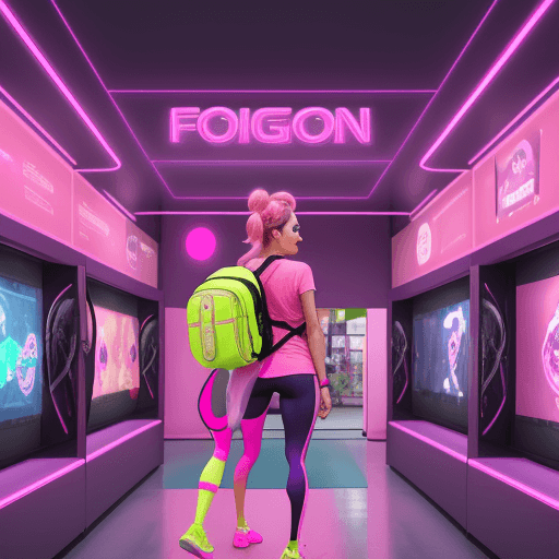 AI generated: woman wearing neon pink leggings posing, facing backward with a backpack with fun cartoon with a man...