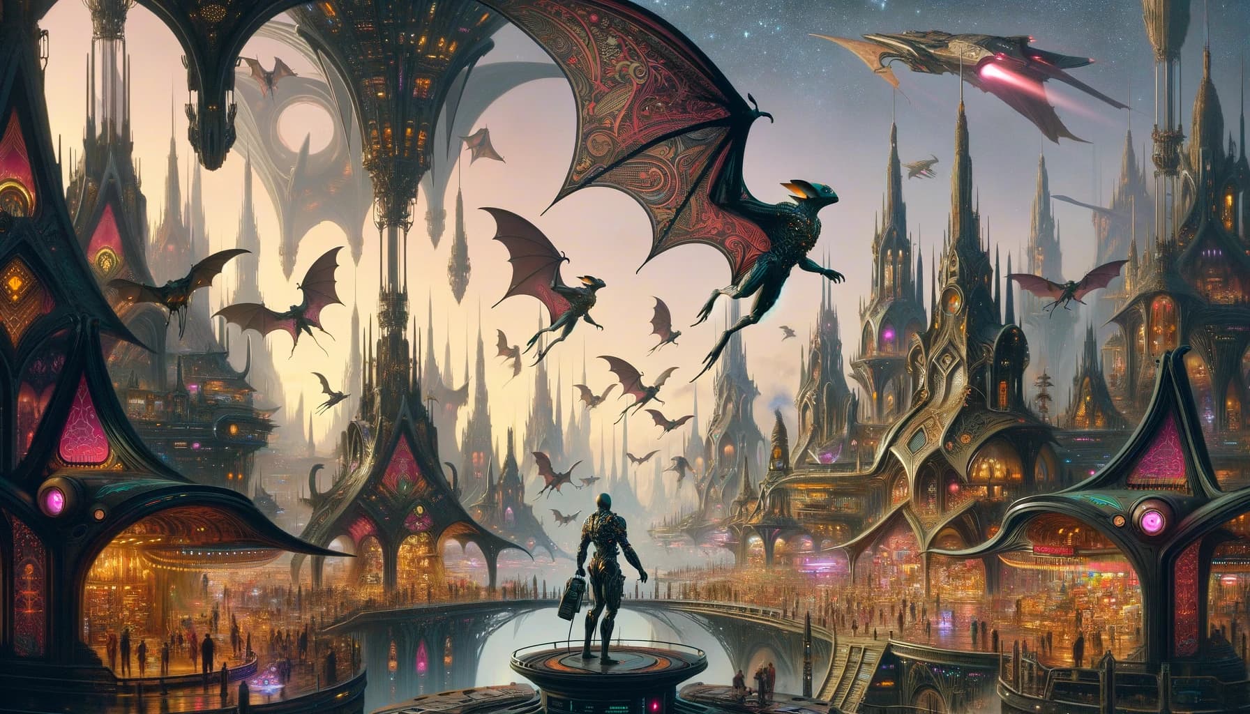 AI generated: A space opera scene on a distant planet where the dominant species are bat-like aliens. The scene de...