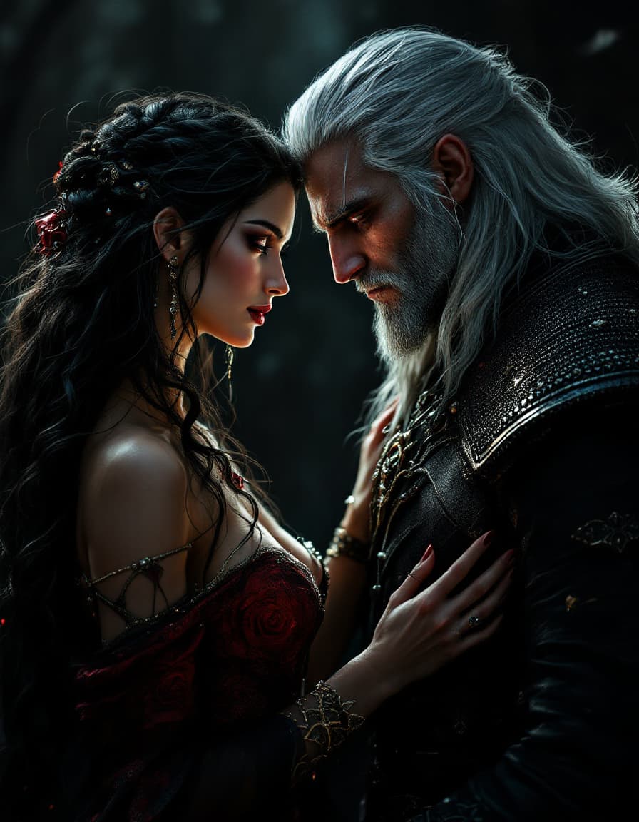 AI generated: romantic fantasy scene, image of beautiful Yennefer and witcher Geralt, ((full length)), he hands he...