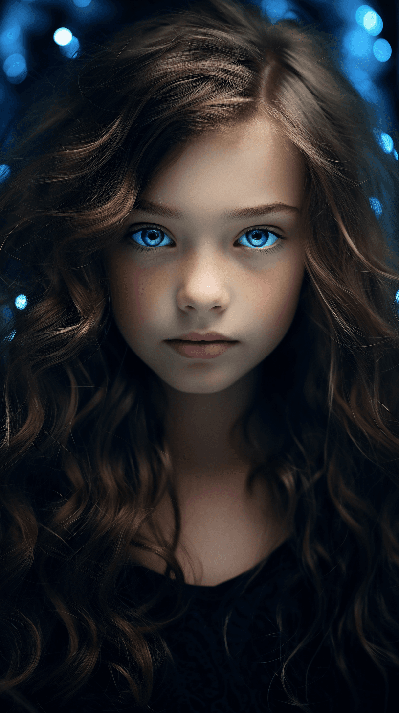 AI generated: portrait photo by "Brandon Woelfel",color photo of a beautiful little girl with stunningly large blu...