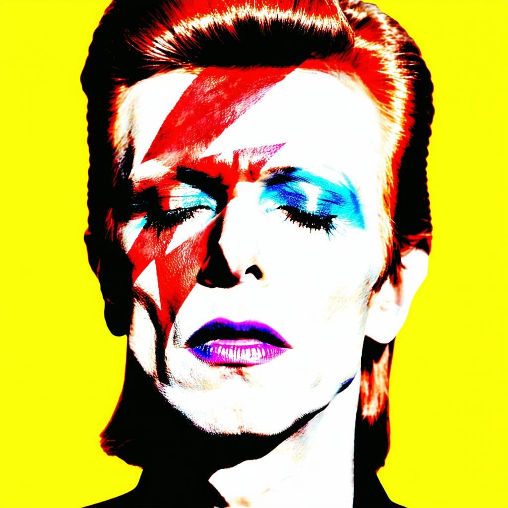 AI generated: pop art portrait of David Bowie as Ziggy Stardust, vibrant red and blue lightning bolt across his fa...
