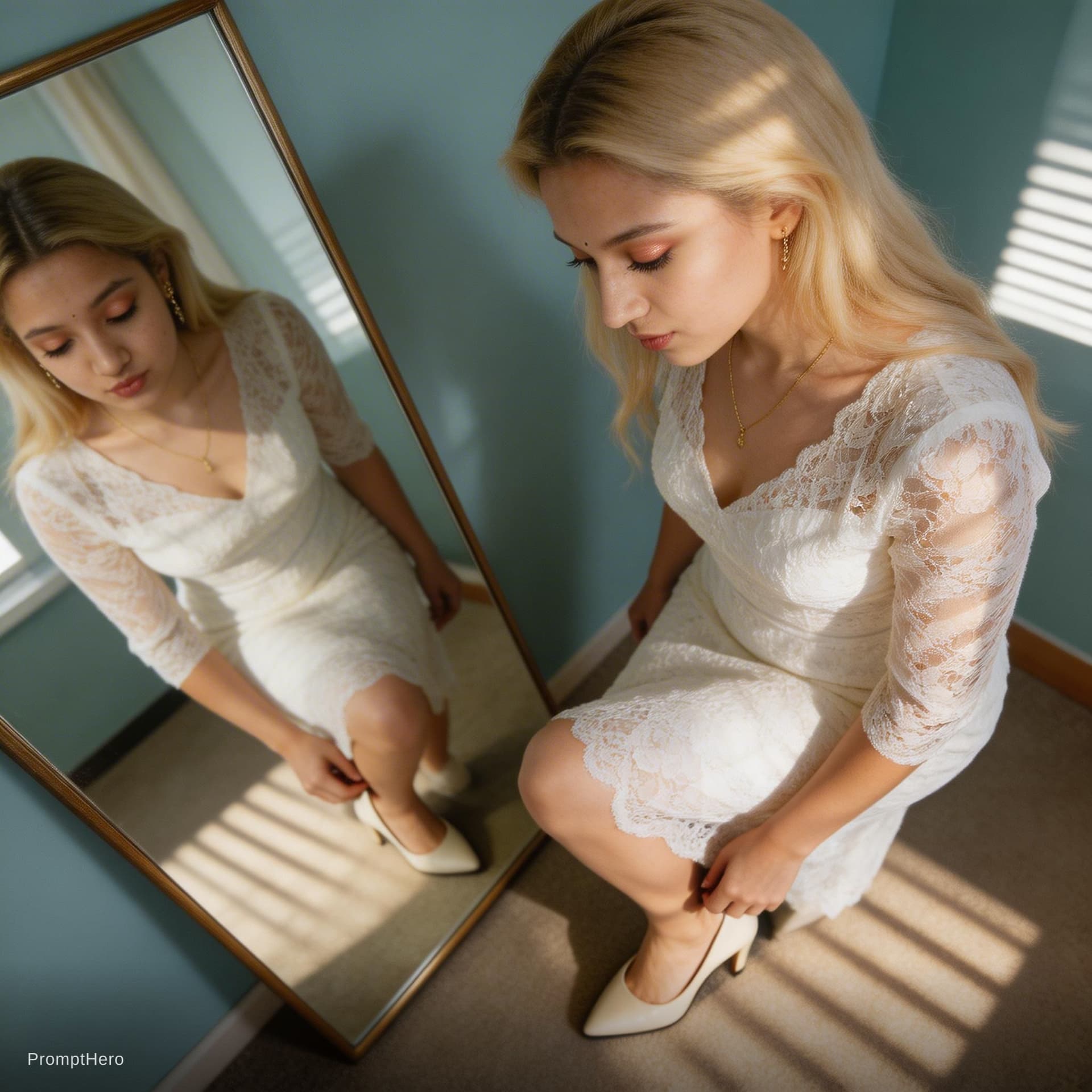 AI generated: "birds eye view of a 30 years old blonde woman,looking down,watching herself sitting centralized dir...