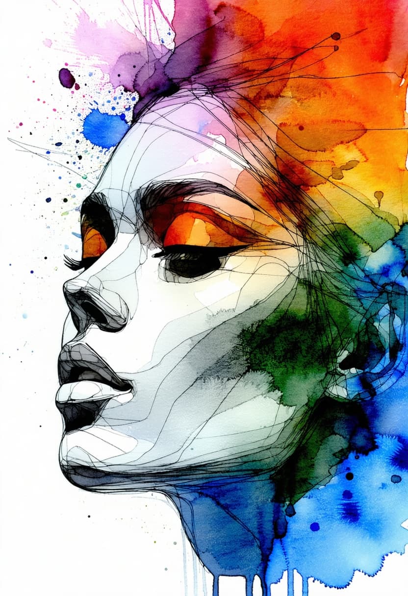 AI generated: color drawing of a woman's face, emotional --chaos 75 --ar 1:2 --profile rsy6uq9 --stylize 750