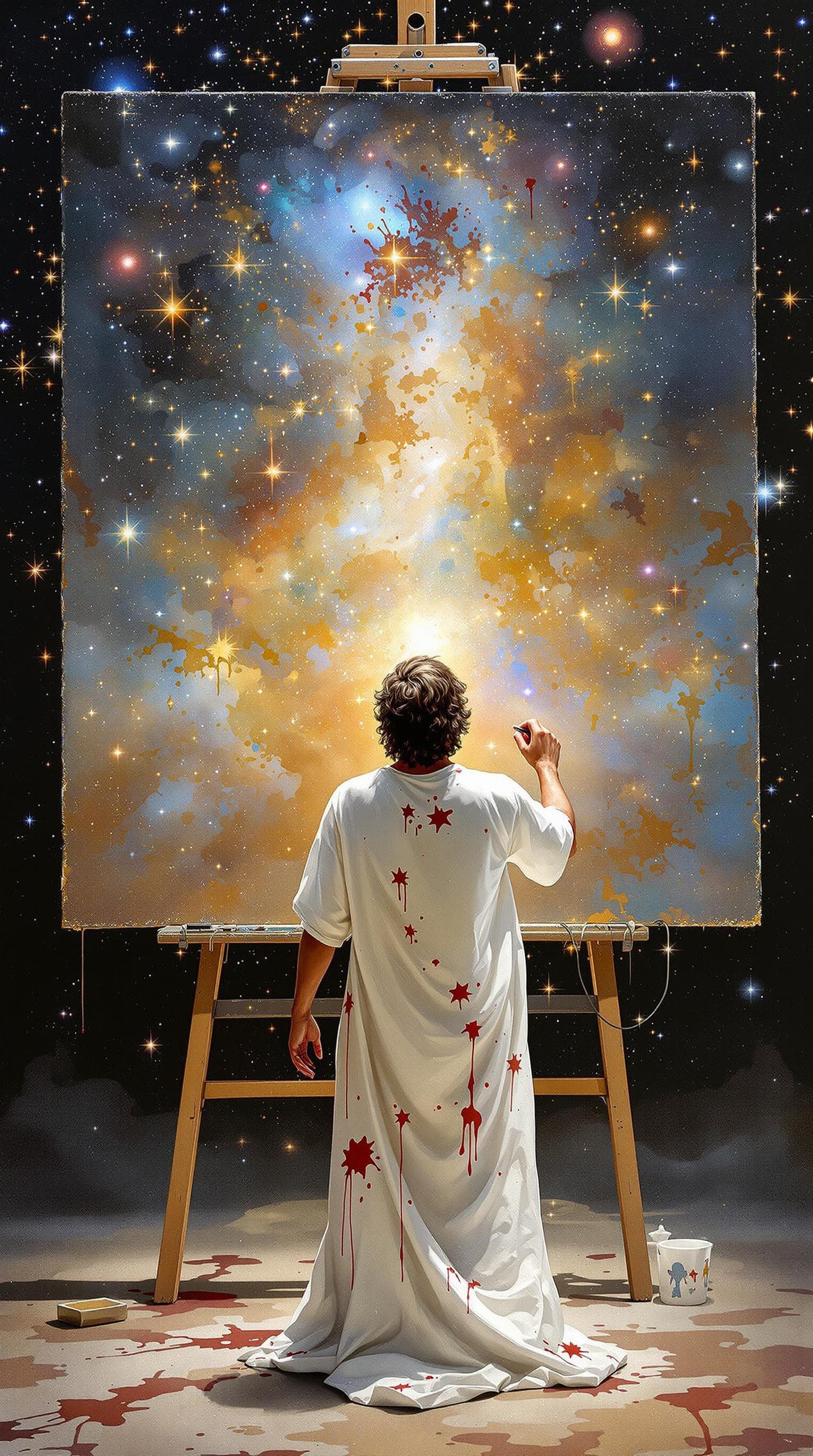 AI generated: Oil painting style, full portrait depicting God as an artist, facing   a giant canvas in the process...