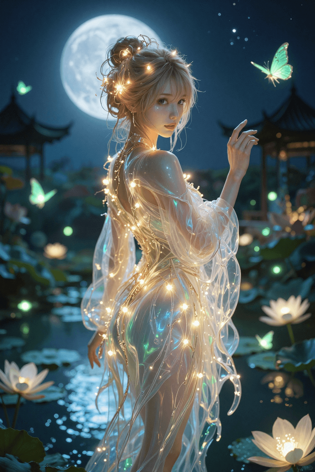 AI generated: A detailed, photorealistic, cinematic vertical medium-full shot of an ethereal young fairy goddess s...