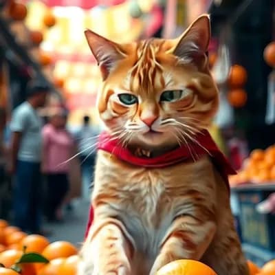 AI generated video: Cat runs and falls on oranges 