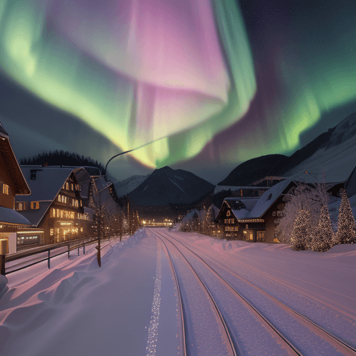 AI generated: This is a hyperrealistic CG rendering of a Swiss town. Rainbow colored aurora in the sky shining on ...